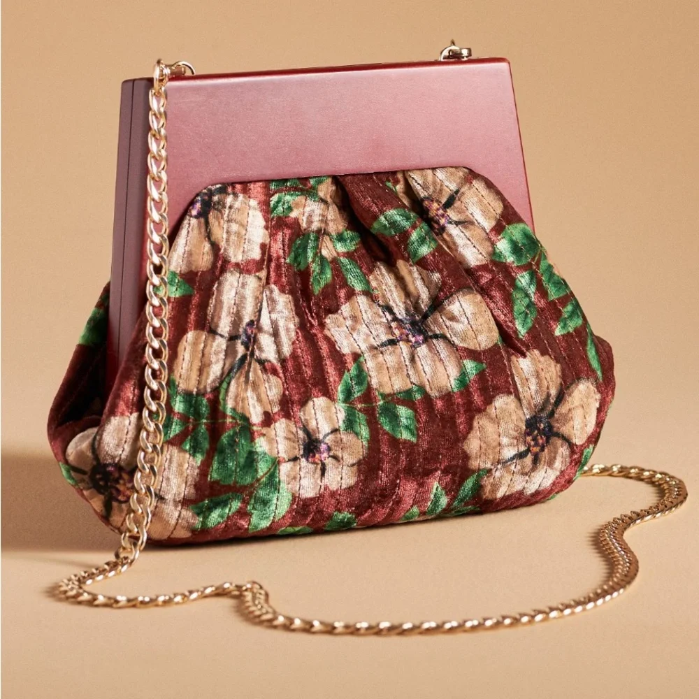 Anthropologie Pleated Velvet Clutch in Pink Combo NWT